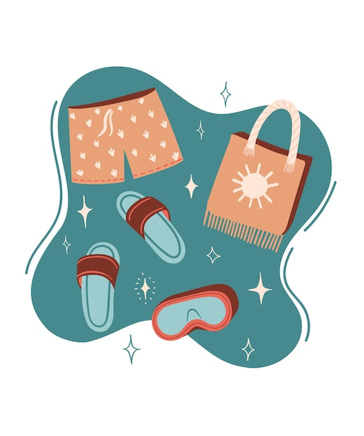 Vector vector zomer cartoon illustratie met slippers of slippers zwemshorts en strandtas