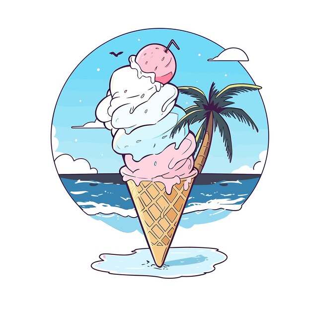 Vector zomer ijs illustratie op het strand met kokospalm