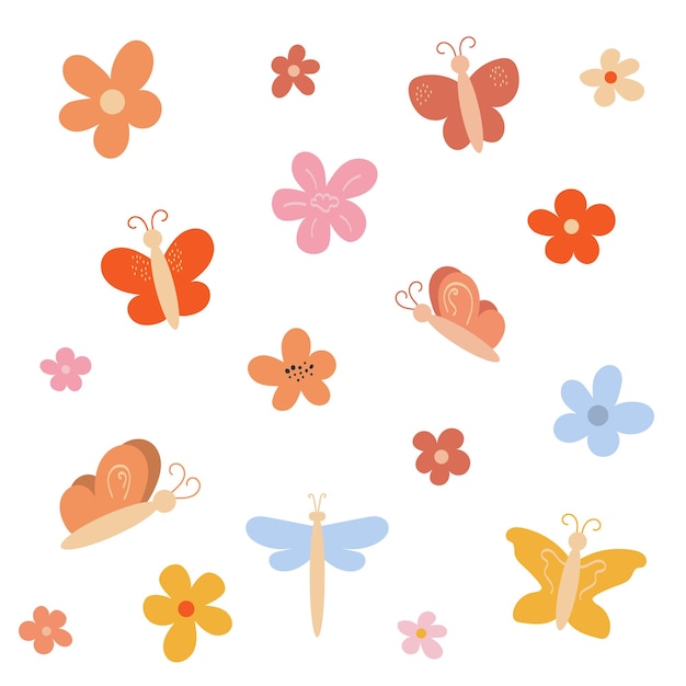 Vector vector zomer set van vlinders libellen en bloemen in platte stijl bloemen clipart