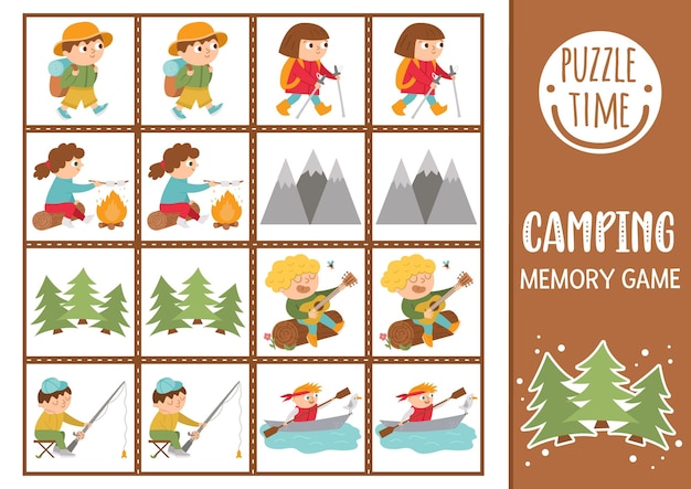 Vector vector zomerkamp memory game kaarten met schattige wandelende kinderen en natuur camping matching activiteit onthoud en vind de juiste kaart eenvoudig natuur afdrukbaar werkblad voor kinderen xa
