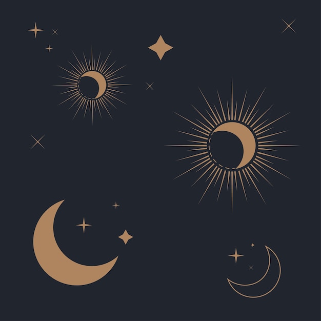 Vector zon, maan en sterren, handgetekende boheemse mystieke abstracte esoterische ruimte-elementen