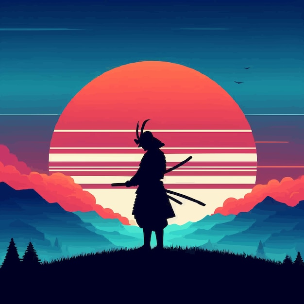 Vector vector zonsondergang samurai silhouet achtergrond