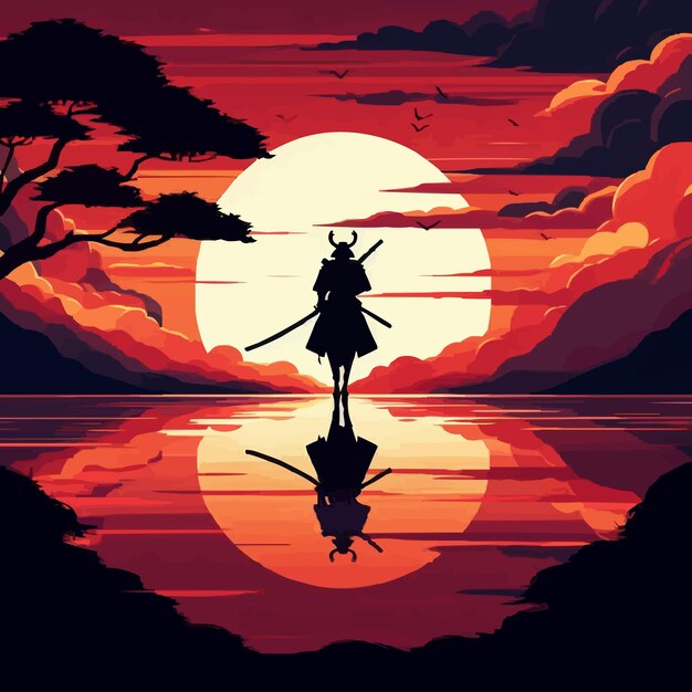 Vector vector zonsondergang samurai silhouet achtergrond