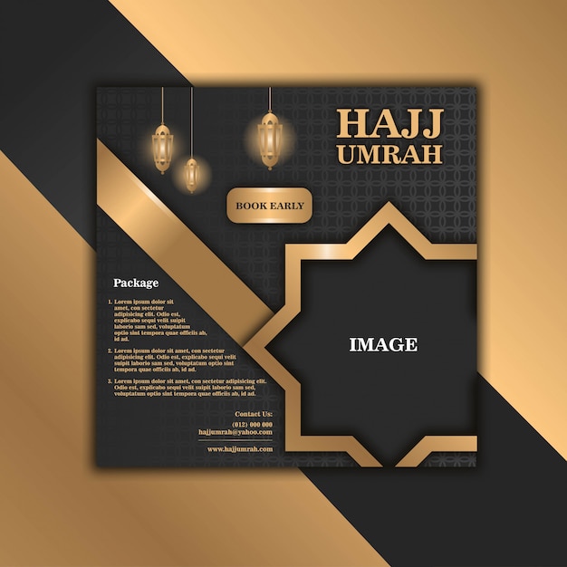 Vector zwart gouden luxe van hajj umrah flyer ontwerpsjabloon