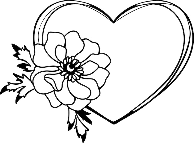 Vector zwart-wit bloemen hart frame krans met anemoon bloem