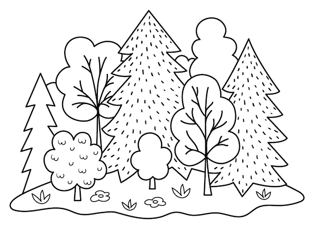 Vector zwart-wit boslandschap Milieuvriendelijk concept met bomen, bloemen en struiken Ecologische of outdoor camping lijn illustratie Leuke dag van de aarde kleurplaat met planten