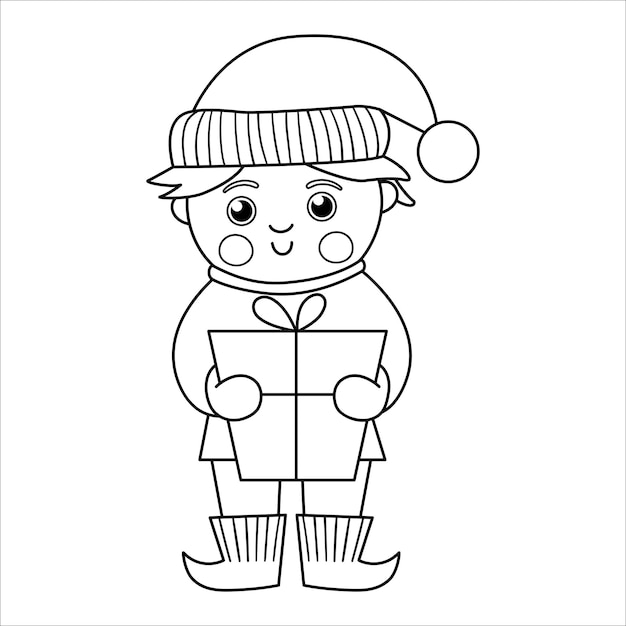 Vector zwart-wit gelukkige jongen met een cadeautje Leuke winter elf kind lijn illustratie of kleurplaat pagina Grappig overzicht pictogram voor Kerstmis Nieuwjaar of winter ontwerp