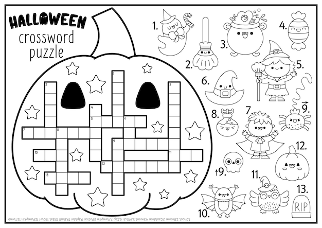 Vector zwart-wit Halloween pompoenvormige kruiswoordpuzzel voor kinderen Herfstvakantie quiz voor kinderen Educatieve activiteit met kawaii symbolen Engelse taal kruiswoord kleurpagina