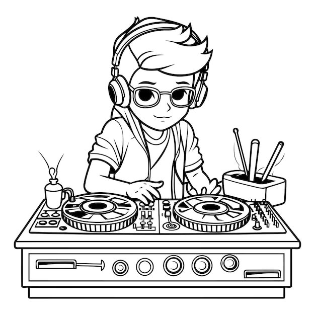 Vector vector zwart-wit illustratie van een jonge jongen die een dj speelt