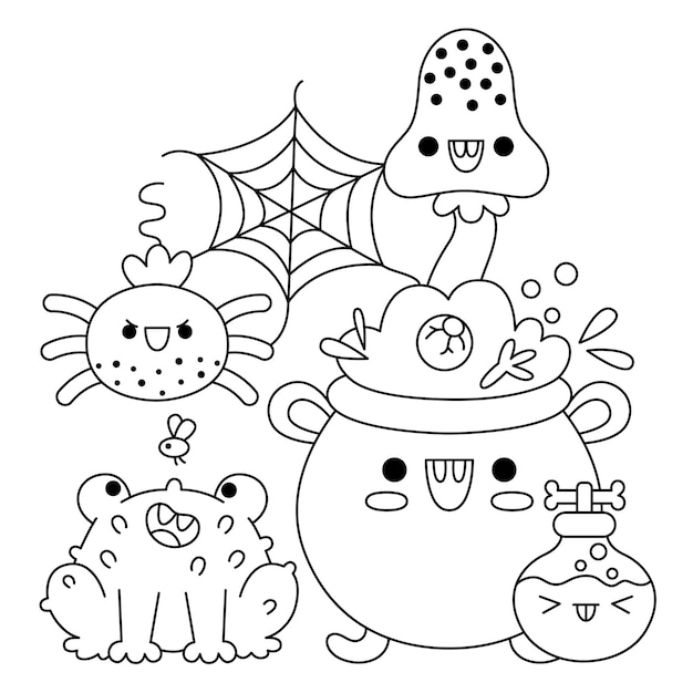 Vector zwart-wit kawaii ketel met kikker drankje paddestoel spin Cute Halloween lijn scène Allerheiligen illustratie Grappige trick or treat partij kleurplaat voor kinderen