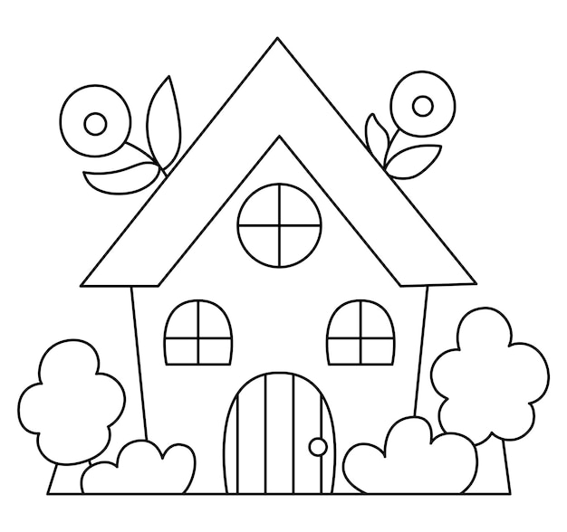 Vector vector zwart-wit kawaii landhuis icoon voor kinderen leuke lijn pasen symbool illustratie of kleurplaat leuk cartoon huisje met bomen en bloemen