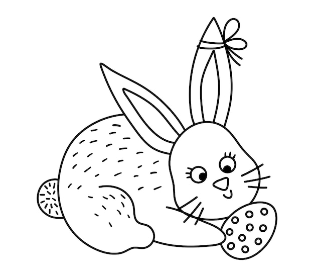 Vector zwart-wit konijntje illustratie met ei Pasen traditionele dierenlijn pictogram Schattig lente konijn kleurplaat pagina voor kinderen