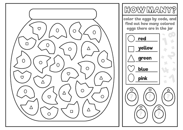 Vector zwart-wit Pasen kleur- en wiskundige puzzel met pot en eieren Logische drukbare telactiviteit voor kinderen Leuk voorjaarswerkblad Oorspronkelijk vormherkenningsspel of kleurpagexA