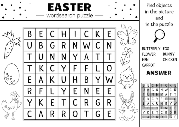 Vector zwart-wit pasen woordzoeker puzzel voor kinderen eenvoudig lente kruiswoordraadsel met traditionele vakantie symbolen voor kinderen trefwoord activiteit met leuke grappige karakters en objectenxa