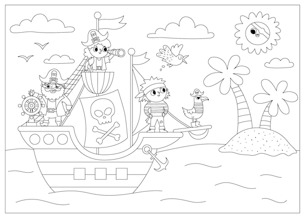 Vector zwart-wit piratenschip scène line raider schip met piraten zeilen naar het schateiland met palmbomen schattenjacht illustratie met zee zon kust zee landschap kleurplaat paginaxa