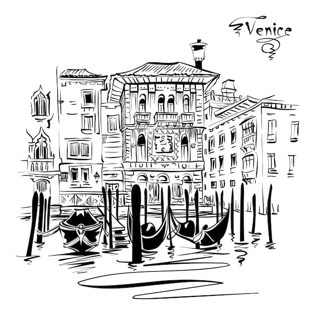 Vector zwart-wit schets van palazzo in venetiaanse gotische stijl op canal grande venetië italië