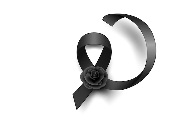 Vector zwart zijden lint met zwarte roos ontwerpsjabloon voor begrafenis kaart banner