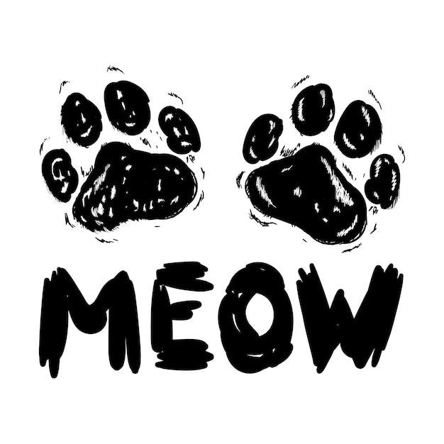 Vector vector zwarte belettering meow met schattige kat pootafdruk schets tekening kitten miauw slogan poster