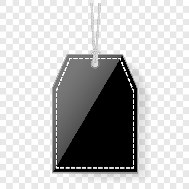 Vector zwarte glanzende rechthoek lege tag met touw en zachte schaduw op transparant effect achtergrond