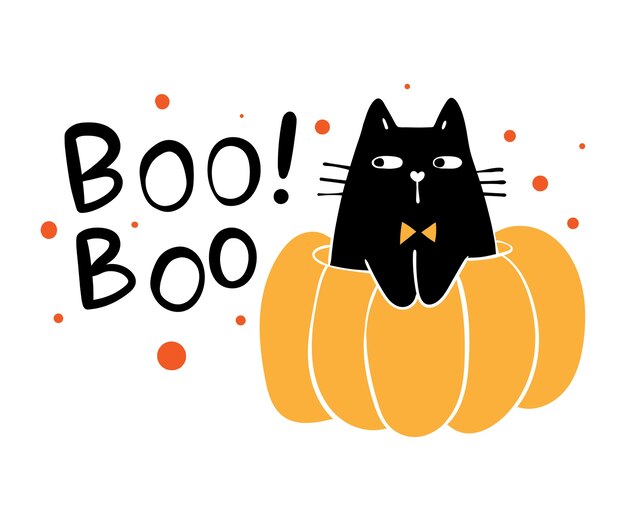 Vector zwarte kat in pompoen halloween-dag.