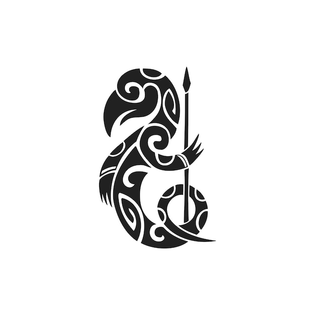 Vector zwarte monochroom inkt hand getrokken inheemse Polynesische volkskunst symbool mythologisch wezen Taniwha illustratie geïsoleerde witte background