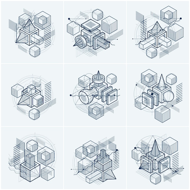 Vectorachtergronden met abstracte isometrische lijnen en cijfers. Sjablonen gemaakt met kubussen, zeshoeken, vierkanten, rechthoeken en verschillende abstracte elementen. Vectorreeks.