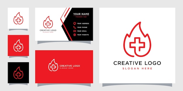 Vectorafbeelding van abstract vuur gecombineerd met kruis plus medische logo-ontwerpsjabloon