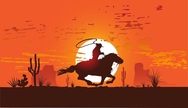 vectorafbeelding van een cowboy op een paard die bij zonsondergang door de woestijn galoppeert