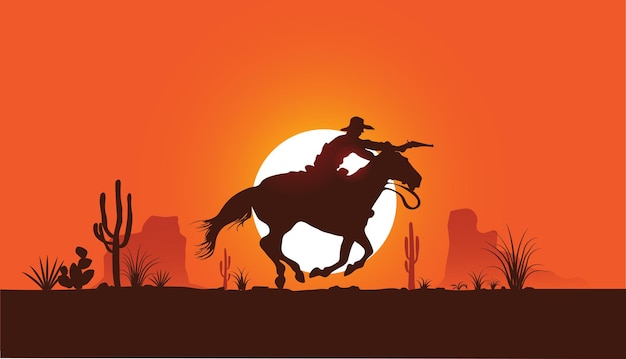 vectorafbeelding van een cowboy op een paard die bij zonsondergang door de woestijn galoppeert