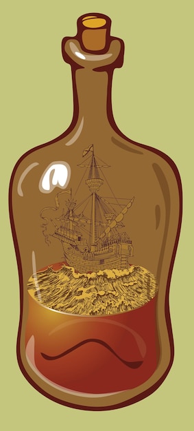 Vector vectorafbeelding van een oud schip in een fles in de stijl van cartoonboekafbeeldingen