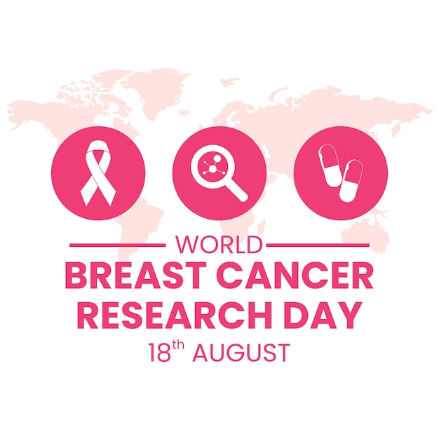 Vectorafbeelding van World Breast Cancer Research Day met roze lint vergrootglas en geneeskunde