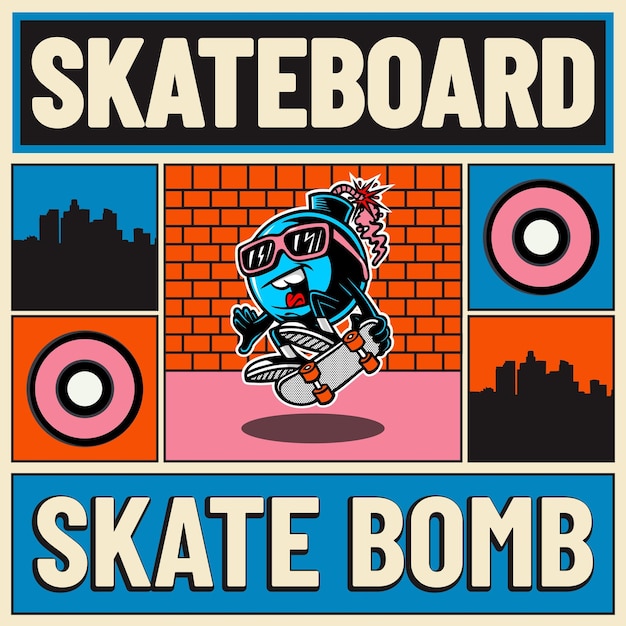 vectoraffiche voor skateboardmagazine met een skatebomb-illustratie