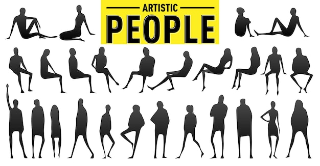 ベクトルの芸術的な人々 は、さまざまな位置に設定します。敷設、座って、立っている人間のシルエット