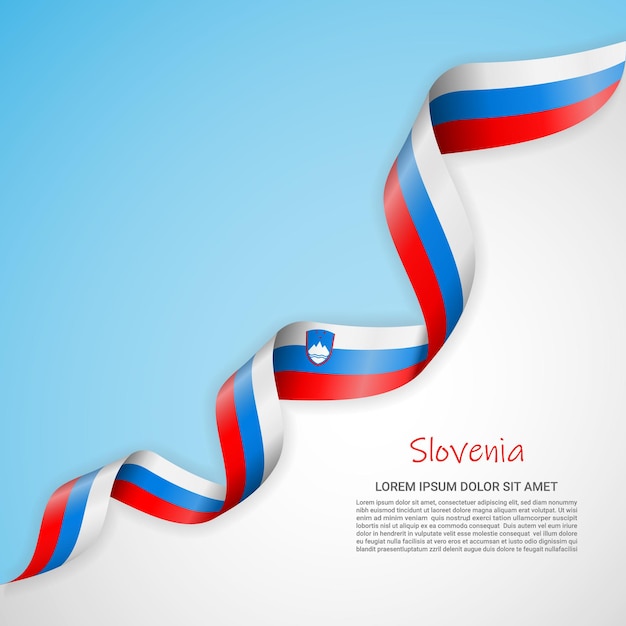 Vectorbanner in witte en blauwe kleuren en zwaaiend lint met vlag van Slovenië voor brochures, logo's