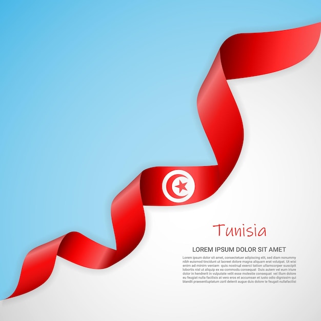 Vectorbanner in witte en blauwe kleuren en zwaaiend lint met vlag van Tunesië voor brochures, logo's