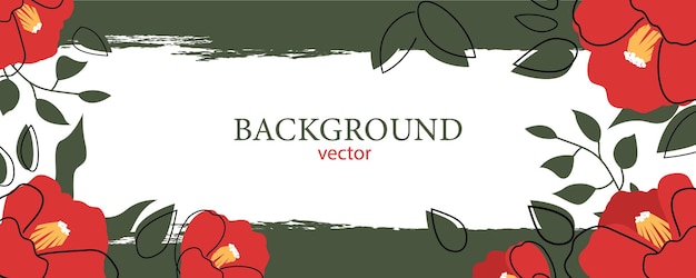 Vectorbanner van rode japanse camellia bloemdessin cartoon heldere aziatische bloemen en bladeren