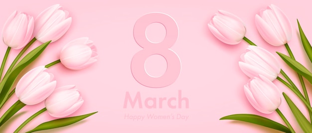 Vector vectorbanner voor de internationale vrouwendag met realistische tulpen