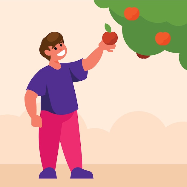 Vectorbeeld van een man die een appel van een appelboom plukt Voedselillustratie