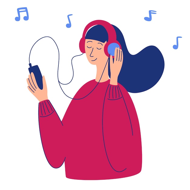 Vector vectorbeeldverhaalillustratie van jonge mooie vrouw in hoofdtelefoons die muziek luisteren. muziekliefhebber ontspannen bij het genieten van haar favoriete nummer. vrouw karakter met smartphone in haar hand. radio, podcast.