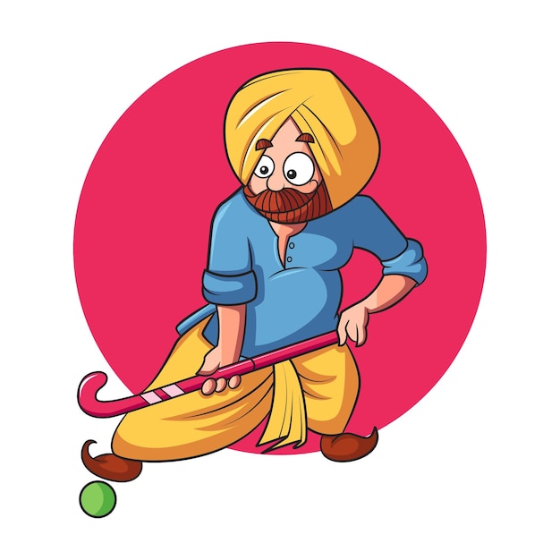 Vectorbeeldverhaalillustratie van punjabi die hockey speelt