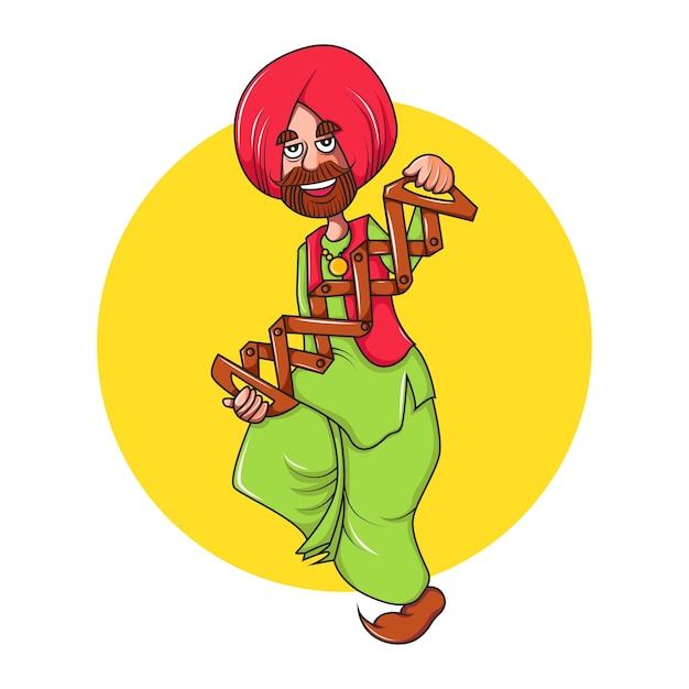 Vector vectorbeeldverhaalillustratie van punjabi-man die danst en traditioneel punjabi-muziekinstrument gebruikt