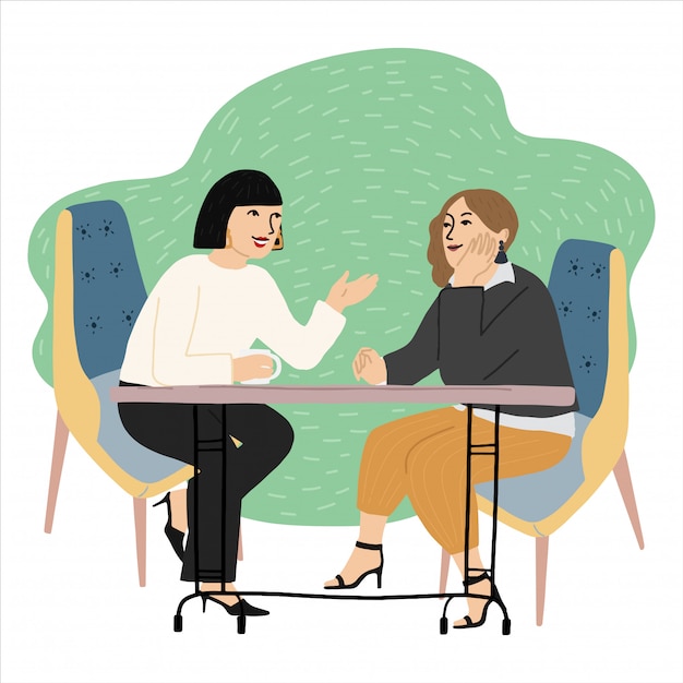 Vectorbeeldverhaalillustratie van twee vrouwelijke vrienden die in een koffie zitten die koffie en het spreken drinken. leven, gesprek, vriendschapsconcept, vectorhand getrokken illustratie.