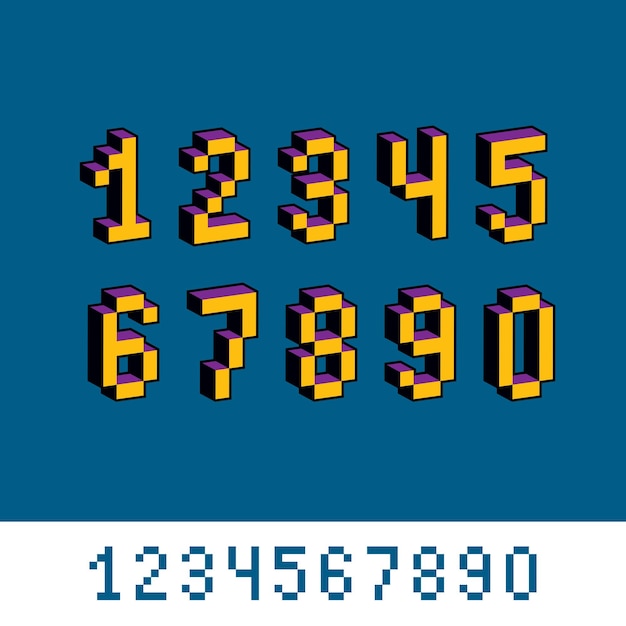 Vectorcijfers, cijfers gemaakt in 8-bits stijl. Pixel art nummers set, 3d wiskunde ontwerpelementen.