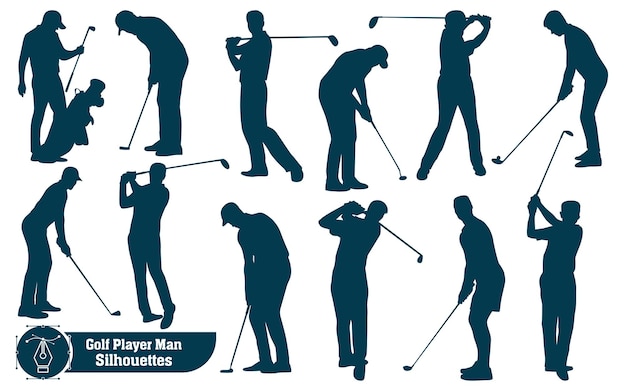 Vectorcollectie van mannelijke silhouetten van golfspelers in verschillende poses