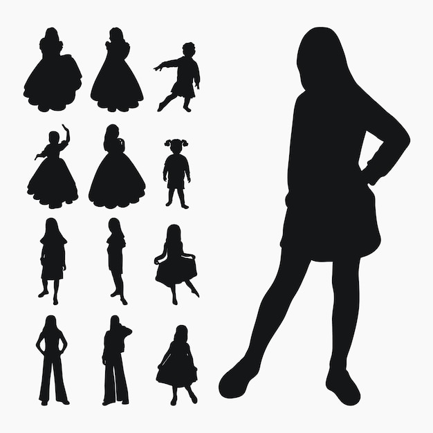 Vectorcollectie van zwarte silhouetten van kinderen en tieners die poseren voor een castingmodel