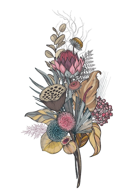Vectorcompositie van gedroogde bloemen bladeren en takken Hortensia palmblaadjes eucalyptus en andere planten in een prachtig boeket