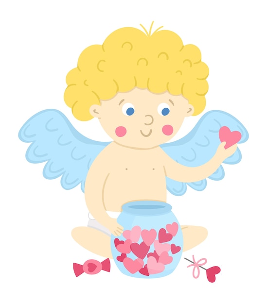 Vectorcupido met kruik van harten. Grappig Valentijnsdagkarakter. Gelukkige liefdesengel met uitgespreide vleugels. Speelse cherub pictogram geïsoleerd op een witte achtergrond.