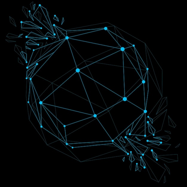 Vectordimensionaal draadframe lichtgevend object met blauwe verbonden lijnen, bolvormige afgebroken vorm met brekingen en wrakstukken. 3D-maas globaal technologie-element in stukken gebroken.