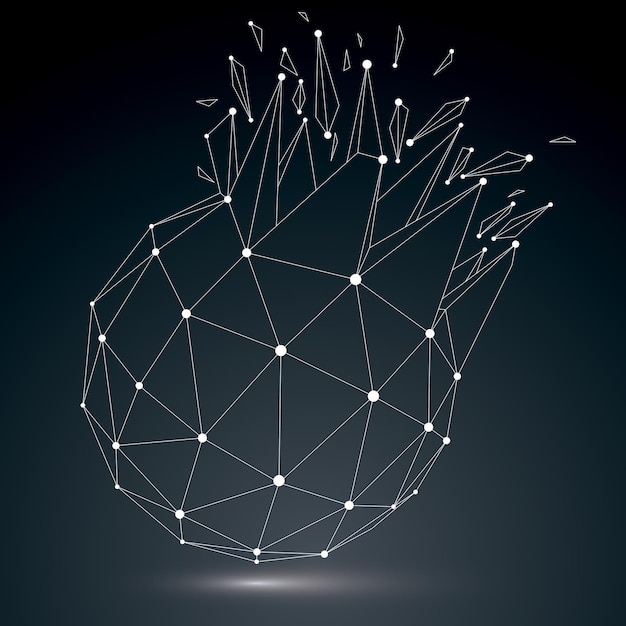 Vectordimensionaal draadframe lichtgevend object met witte verbonden lijnen, bolvormige afgebroken vorm met brekingen en wrakstukken. 3D-maas globaal technologie-element in stukken gebroken.