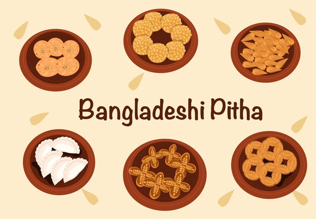 Collezione pitha di dolci del bangladesh disegnati vettoriale